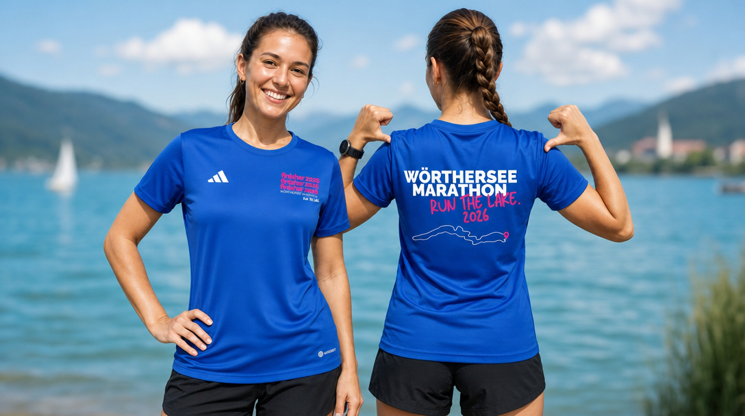 Junge Frau steht am Steg und trägt das offiziellen Wörthersee Marathon T-Shirts. Abbildung von vorne und hinten. KI generiert.